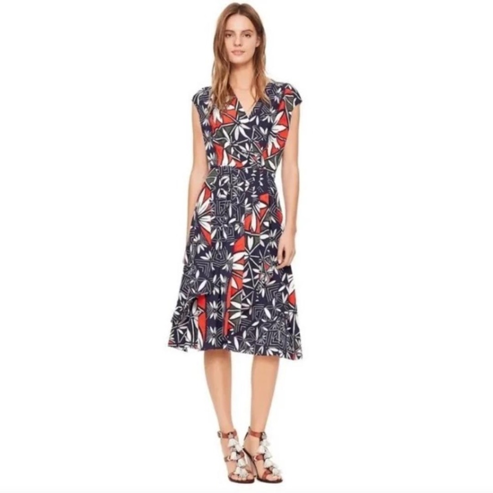 Tory Burch Navy, White & Orange Geometric Midi Dress